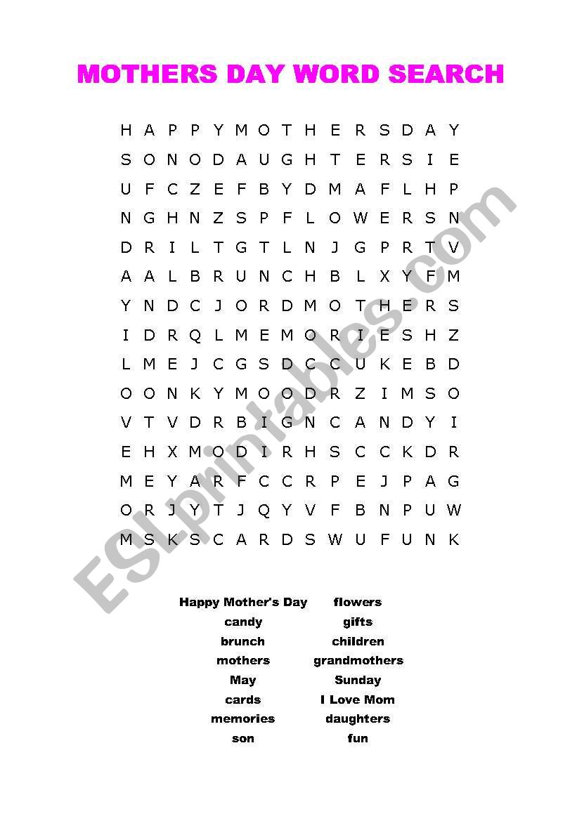 Mothers Day Word Search worksheet