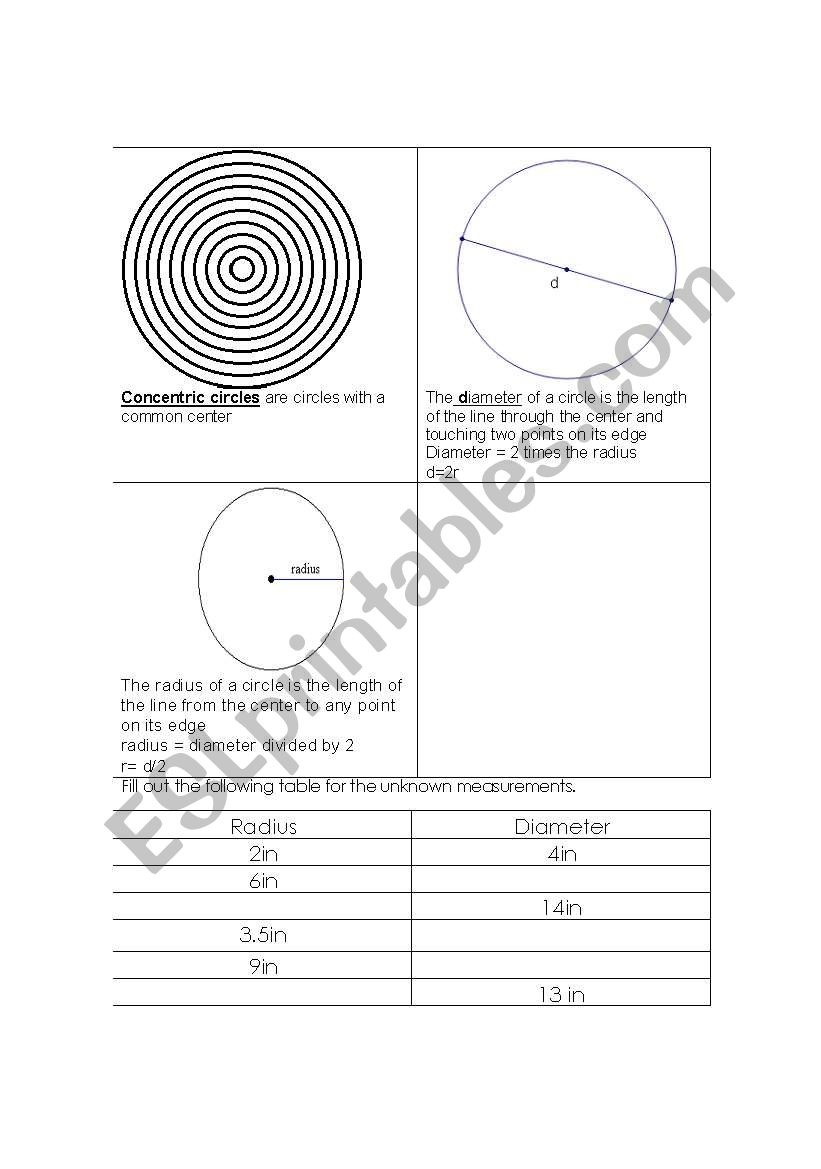 Circles worksheet