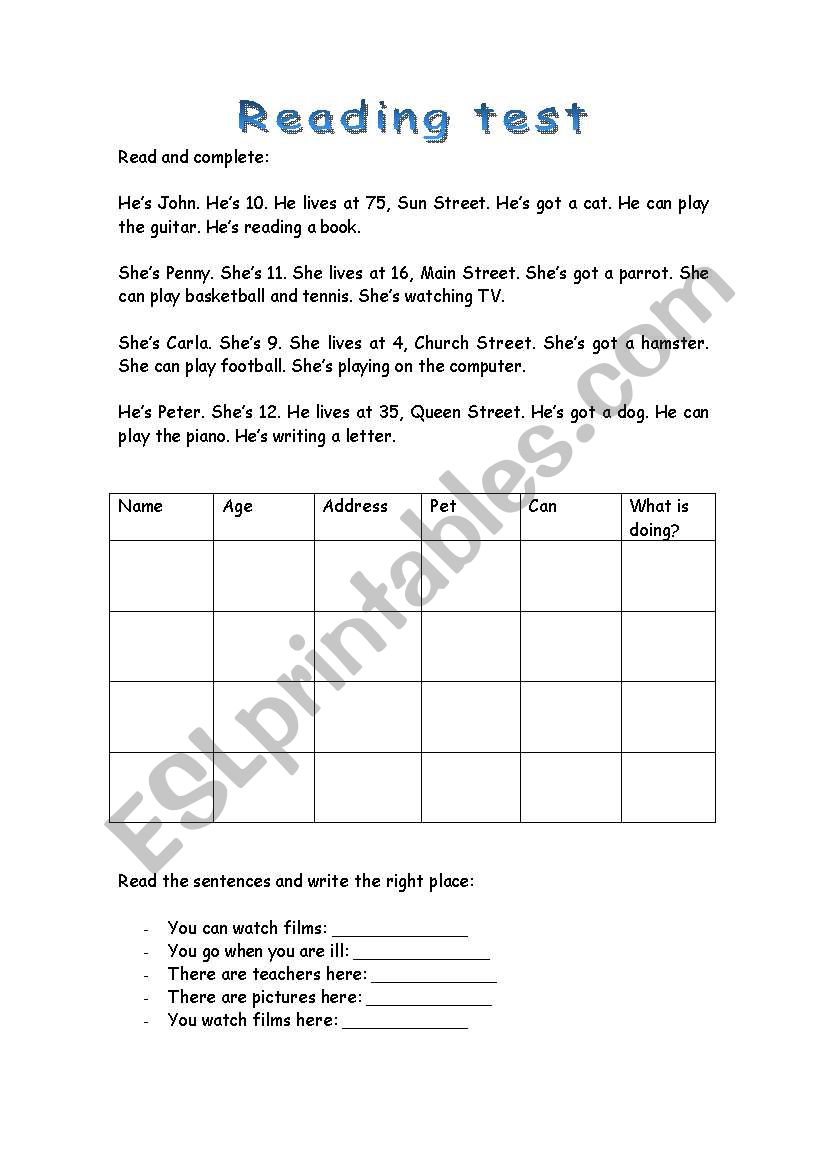 Reading test worksheet