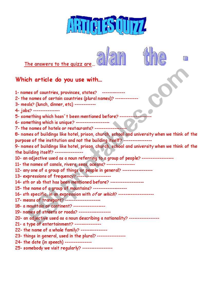 articles worksheet