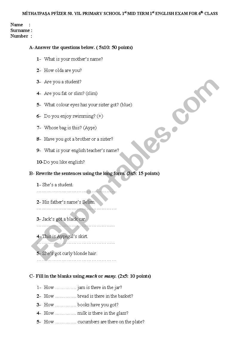 a sample exam for 6th grade students