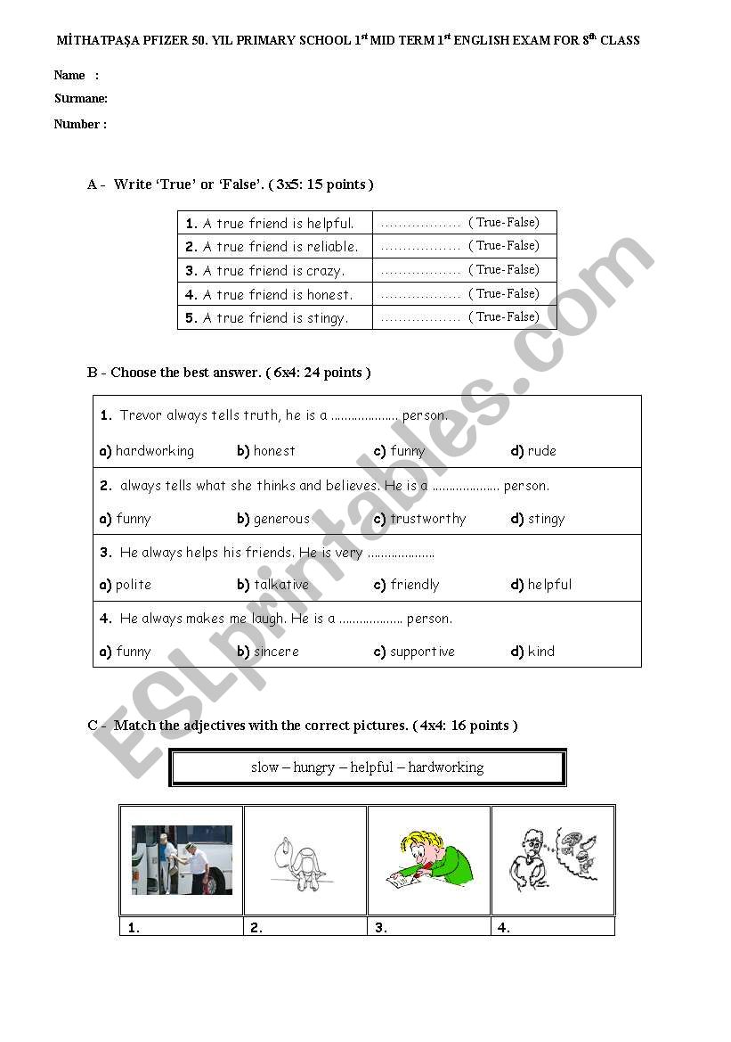 exam for 8th class students worksheet