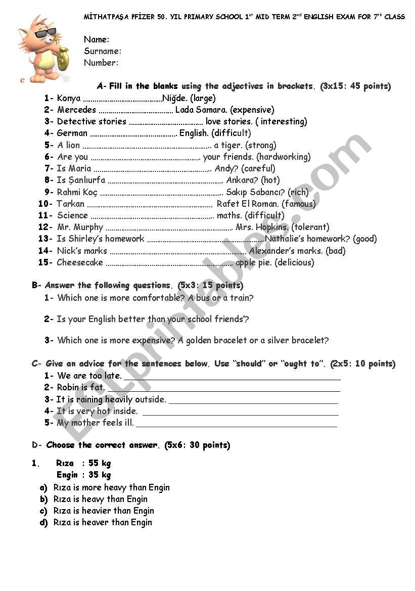 sample exam for 7th classes worksheet