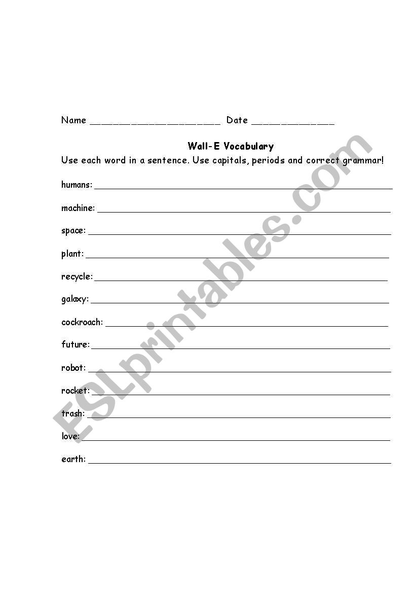 Wall-E Vocabulary worksheet