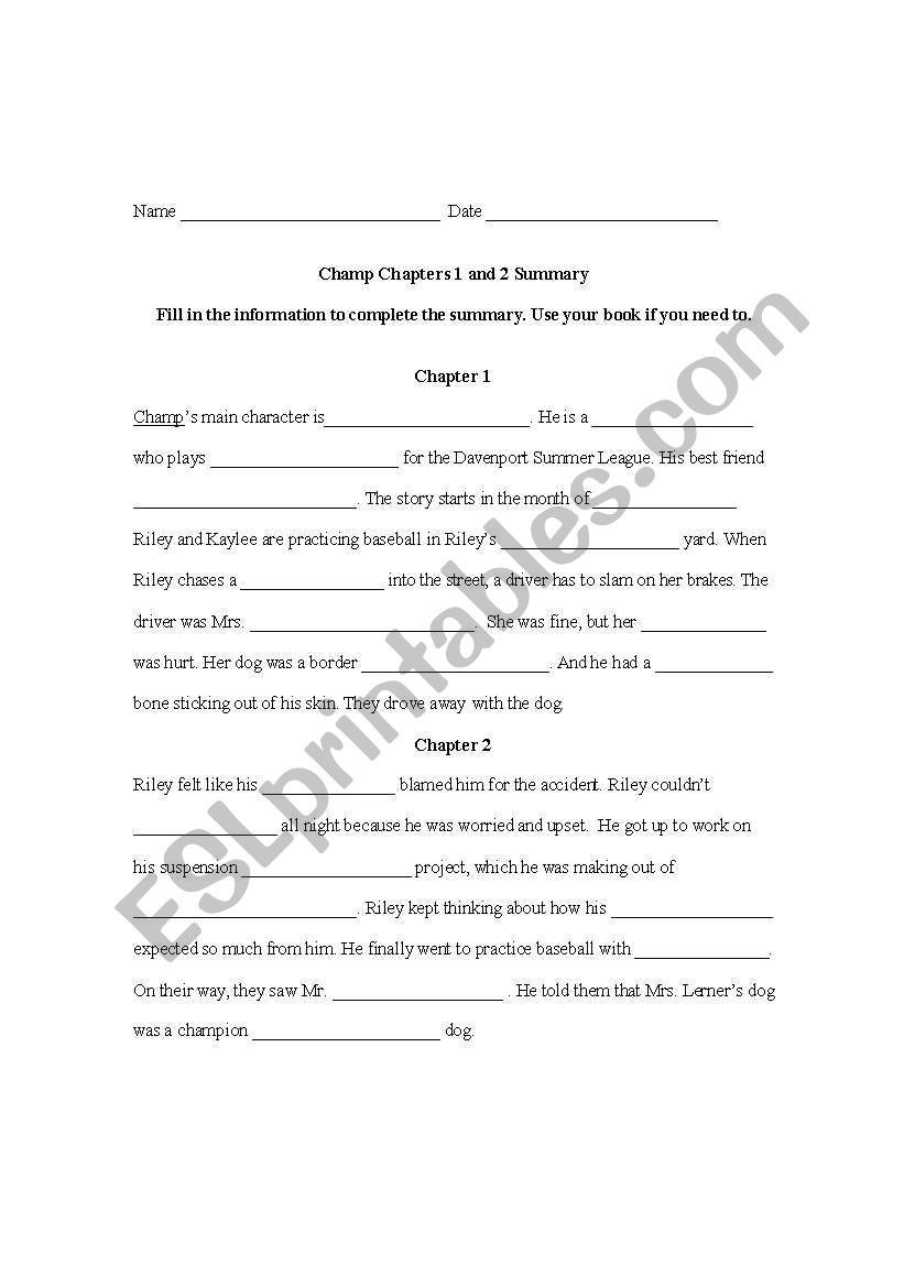 Champ Chapters Fill-In  worksheet