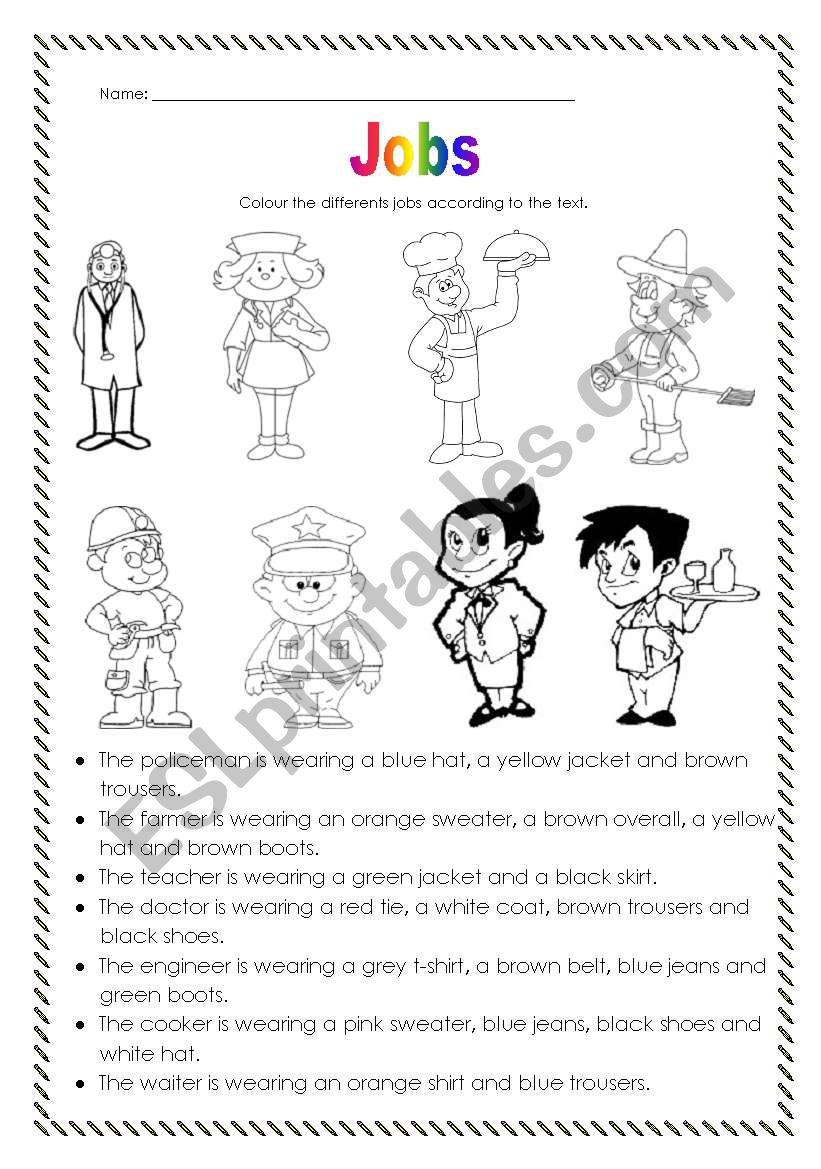 jobs to colour plus clothes worksheet