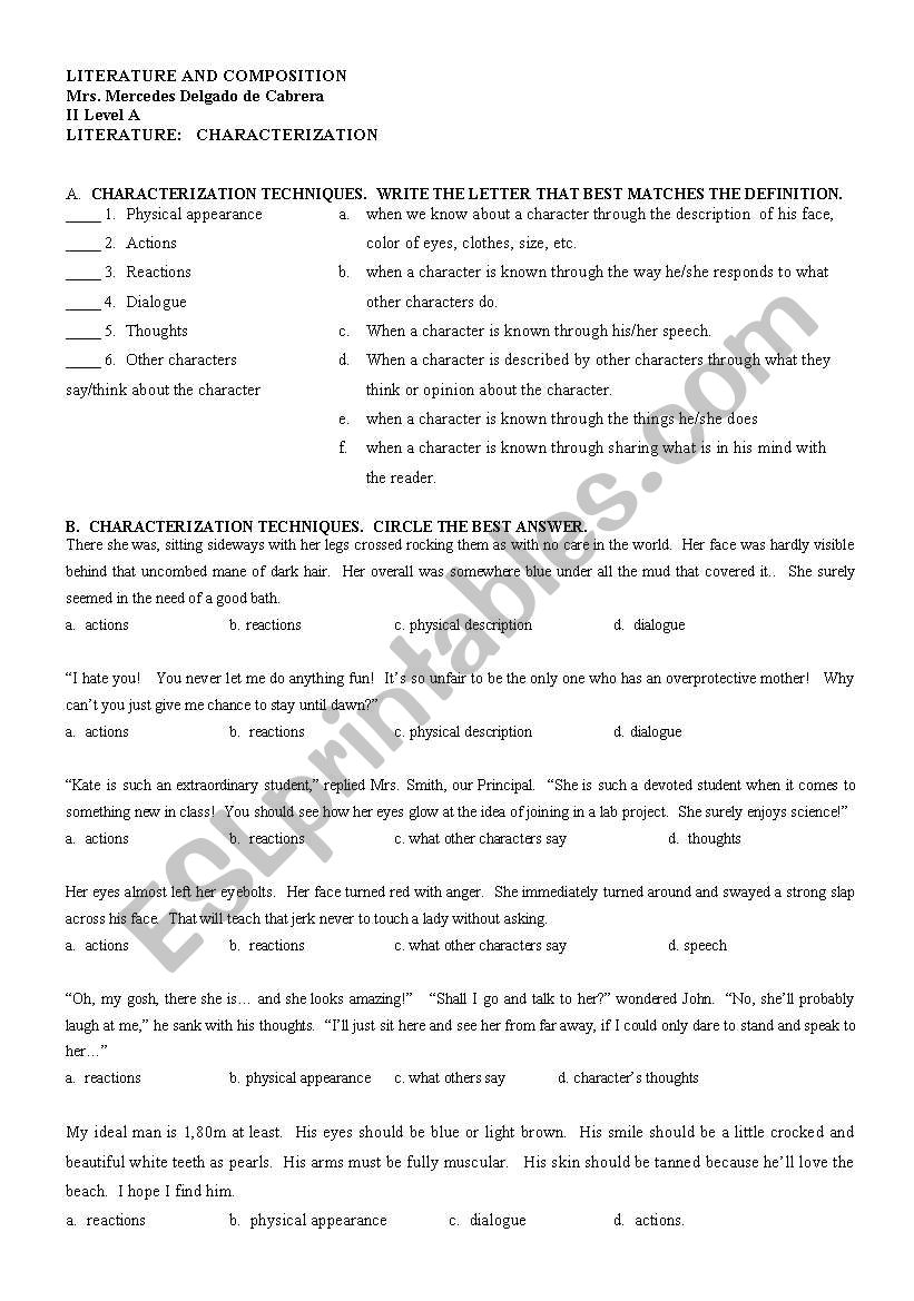 Characterization Esl Worksheet By Montgomeryfan