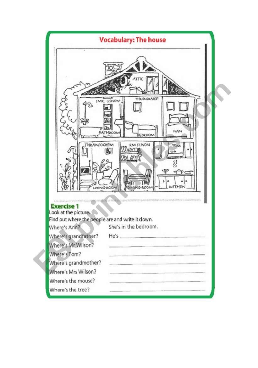 vocabulary the house  worksheet