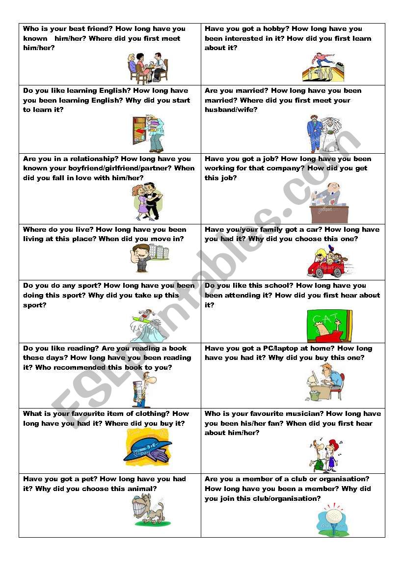 Conversation cards (No. 9) -  HOW LONG? - Present Perfect and Present Perfect Continuous