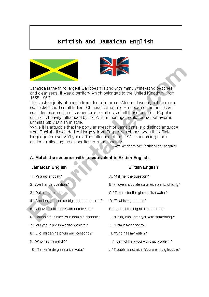 British and Jamaican English worksheet