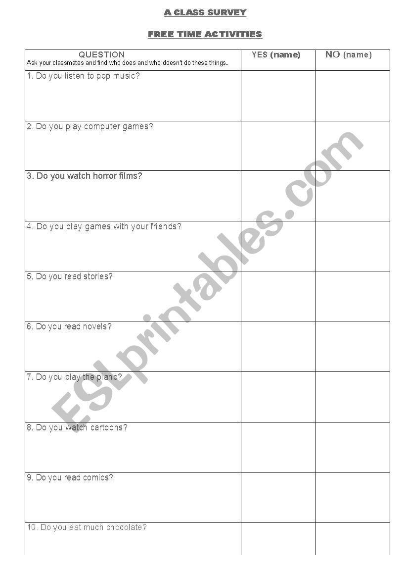 A class survey worksheet