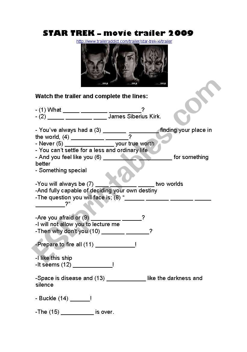 Trailer STAR TREK worksheet