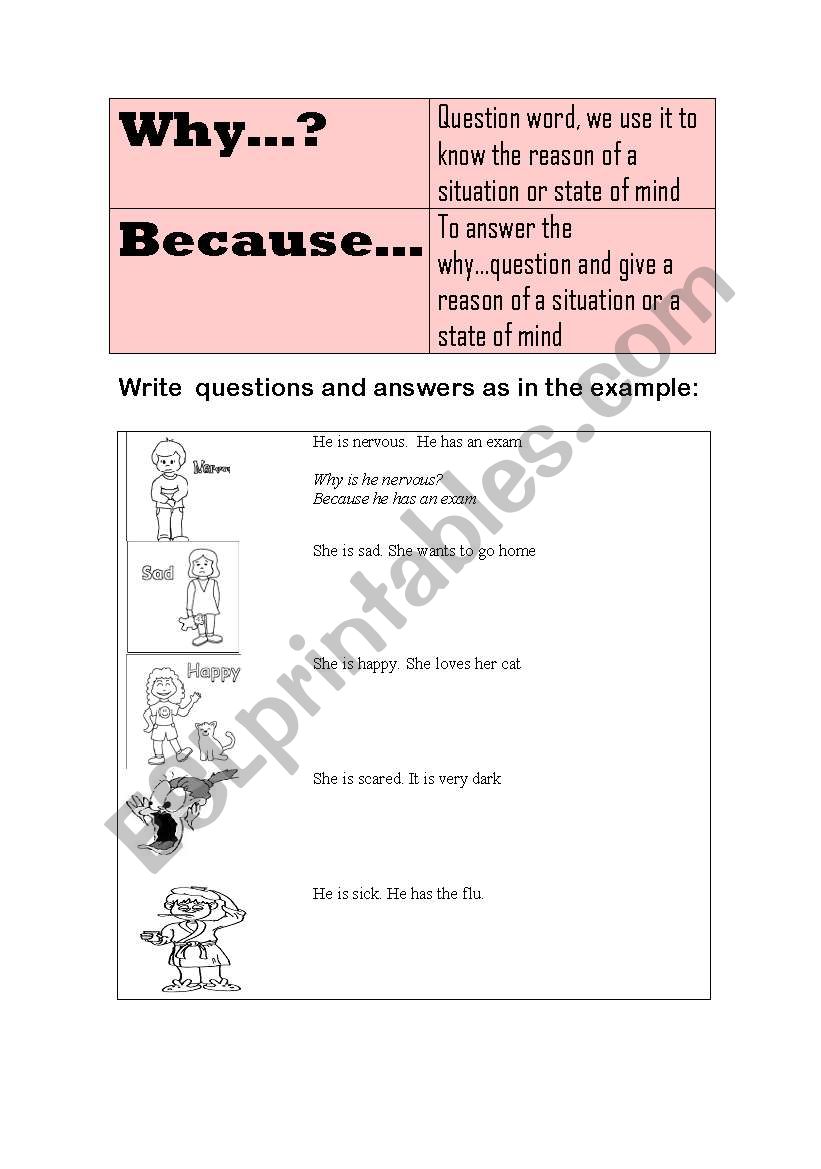 why because and feelings worksheet