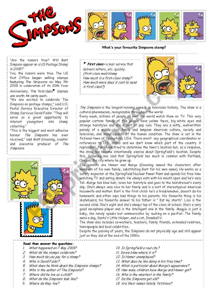 Big news!  Simpsons stamps! worksheet