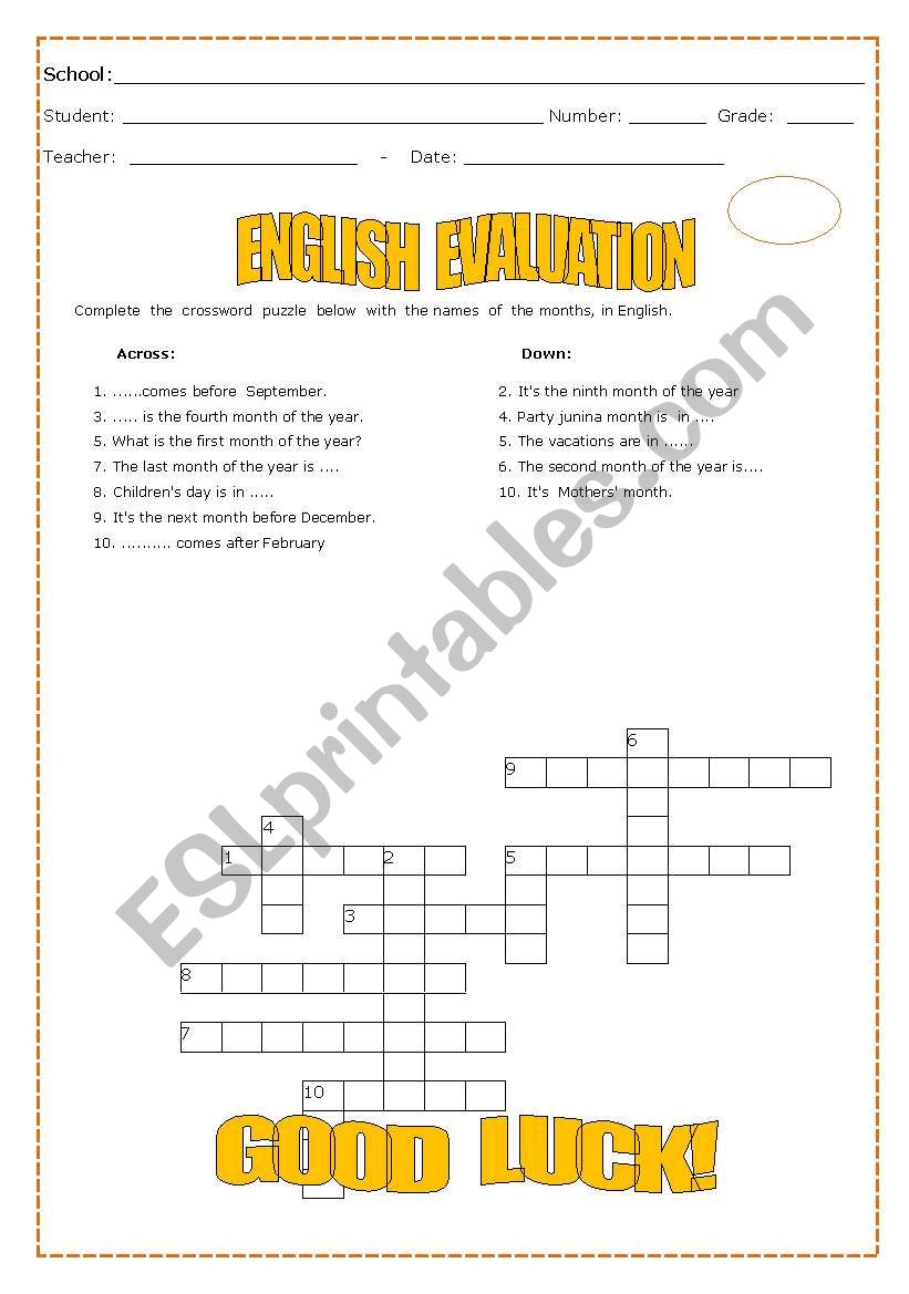 ENGLISH EVALUATION worksheet