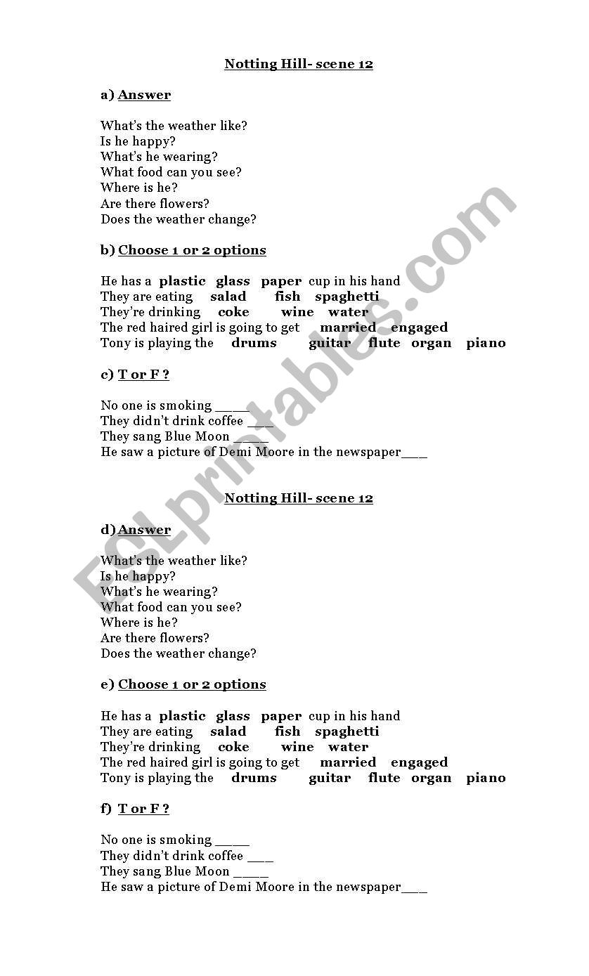 notting hill worksheet