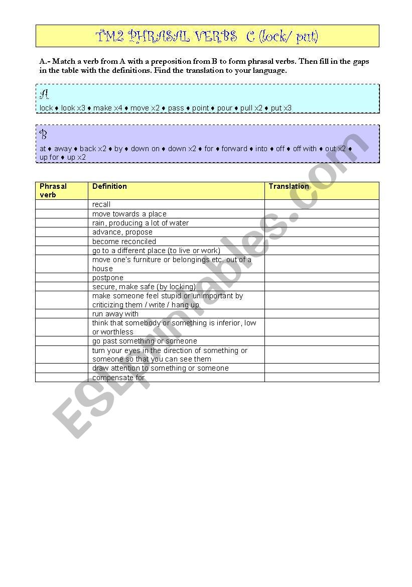 Phrasal Verbs 2 bat Part 3 worksheet