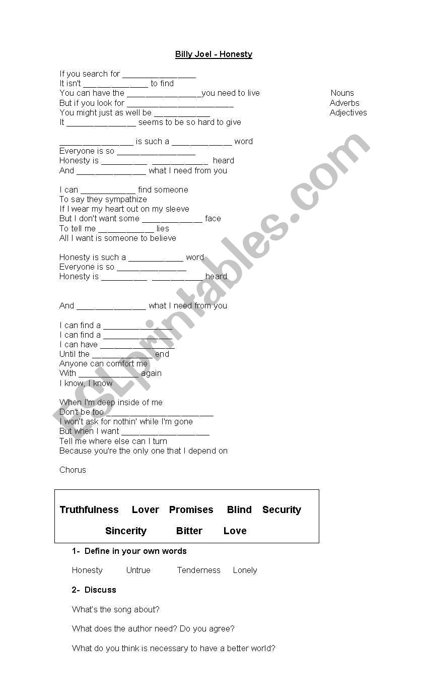 honesty worksheet