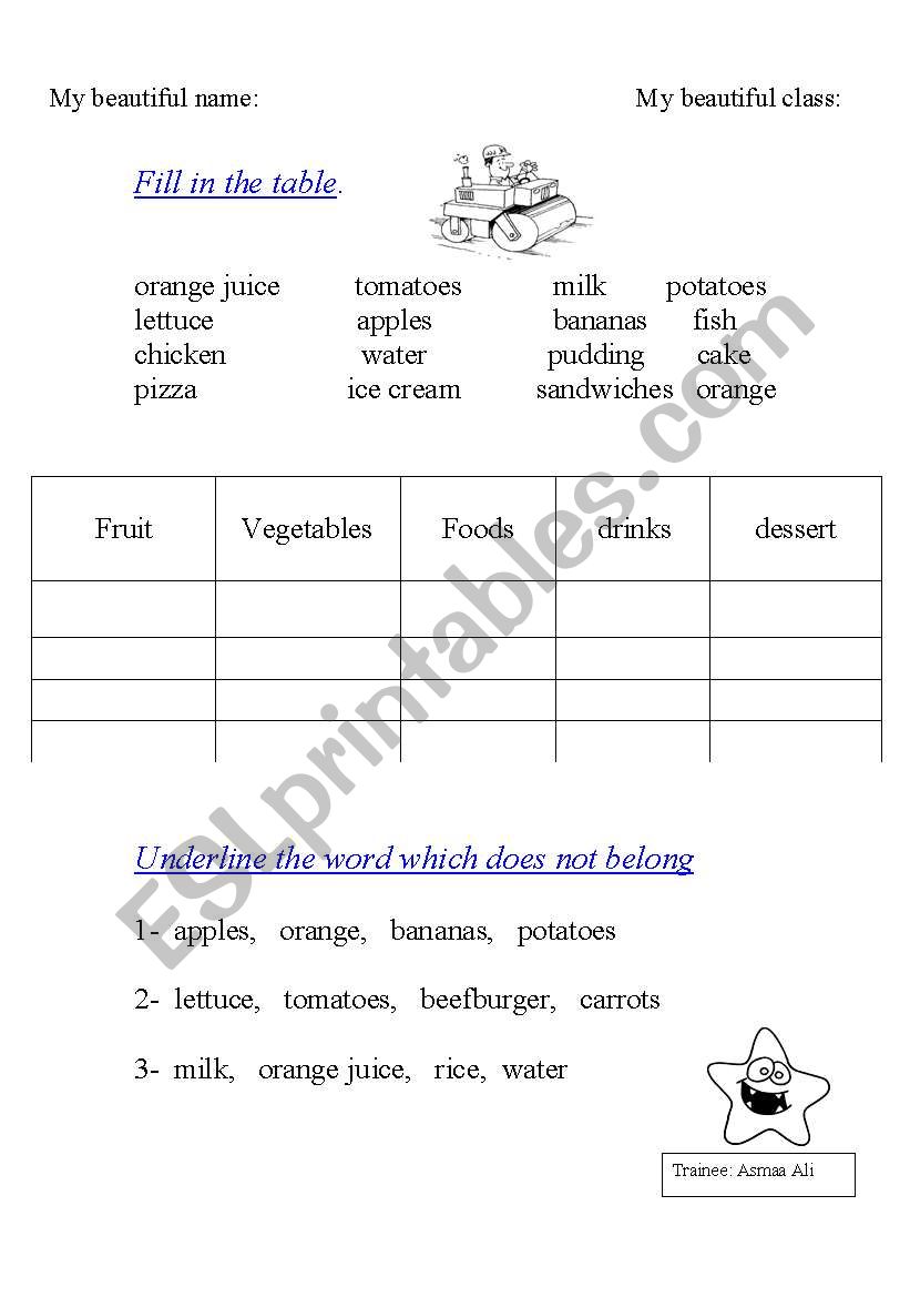 Fill in the table.  worksheet