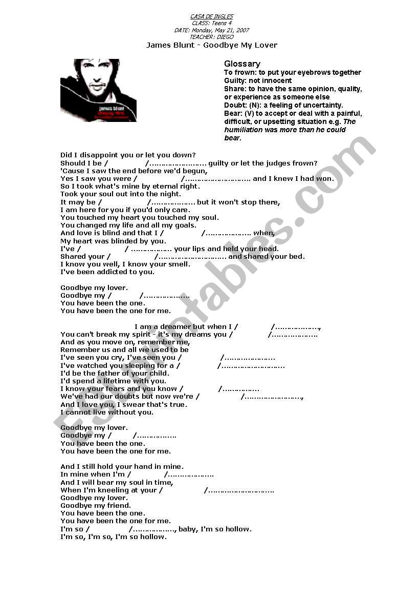 Song: Goodbye my lover worksheet