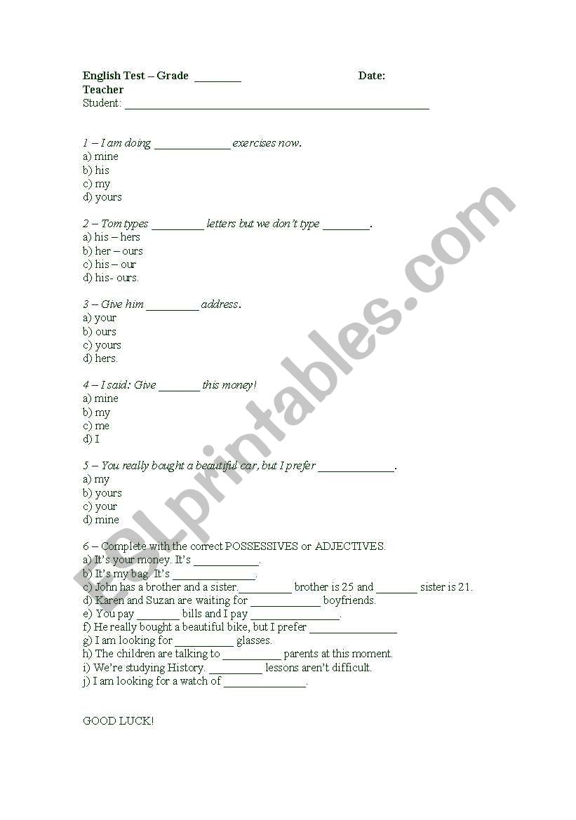 Pronouns Test worksheet