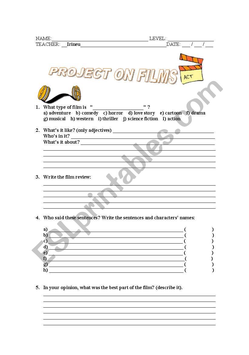 PROJECT ON   FILMS worksheet
