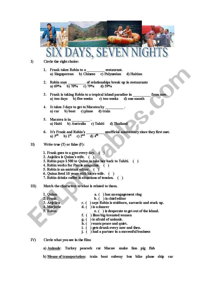 SIX DAYS, SEVEN NIGHTS (FILM) worksheet