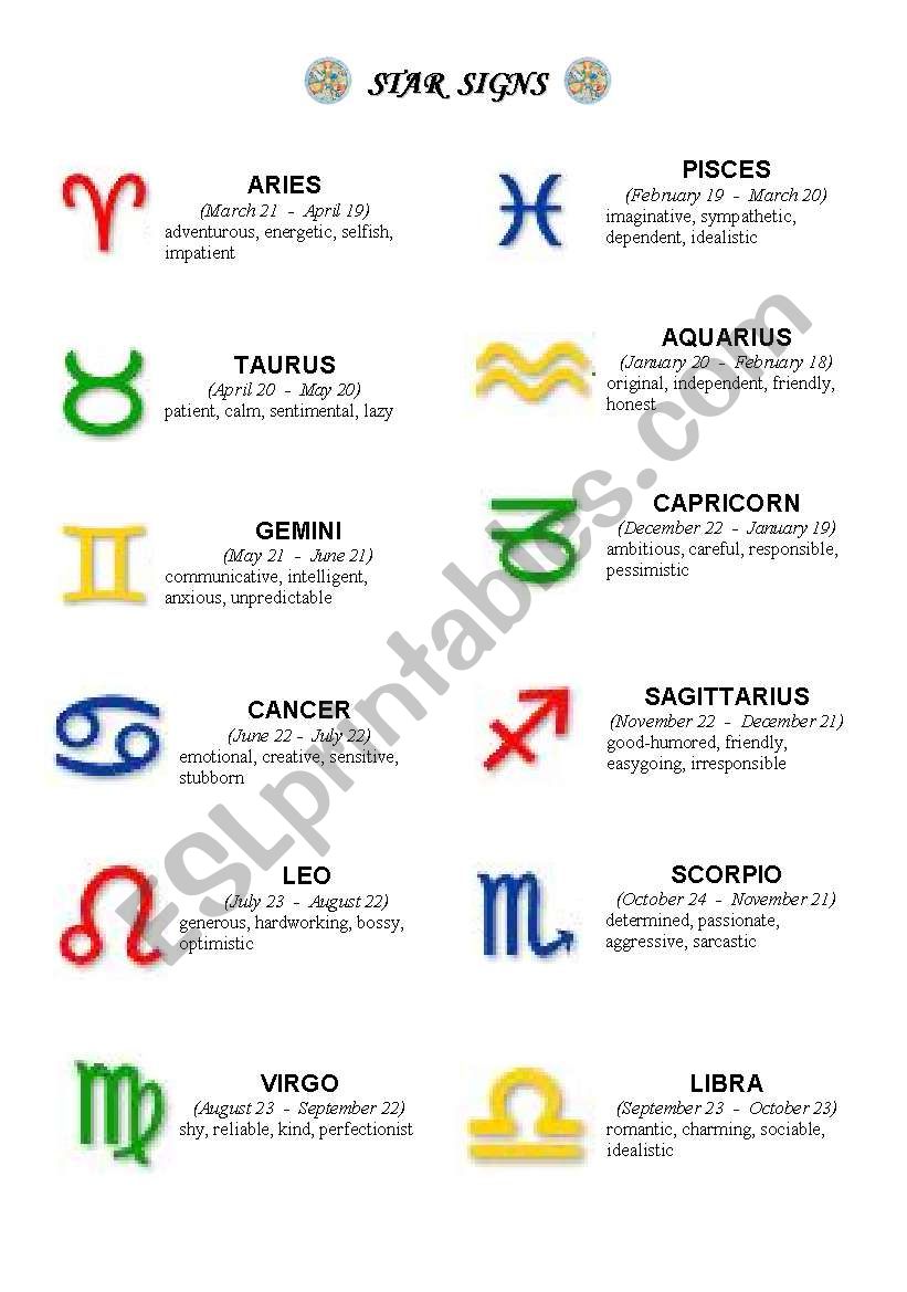 Star Sign worksheet.