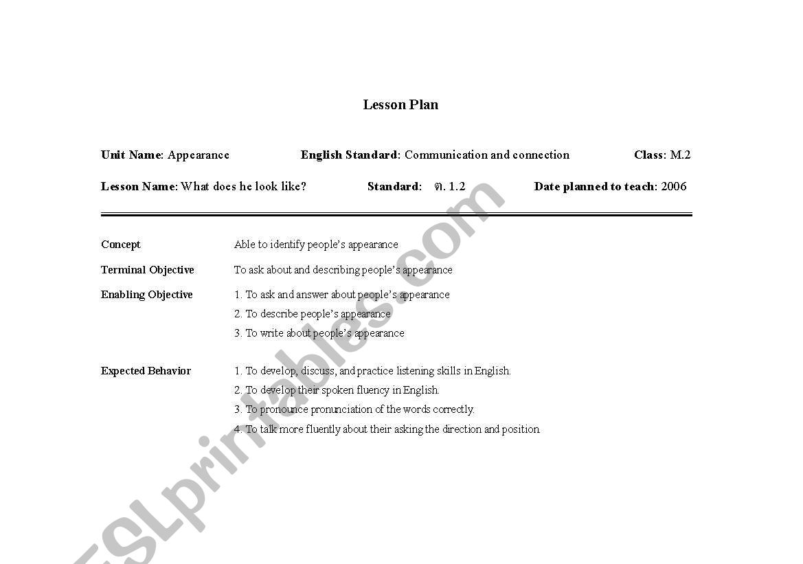 Appearance worksheet