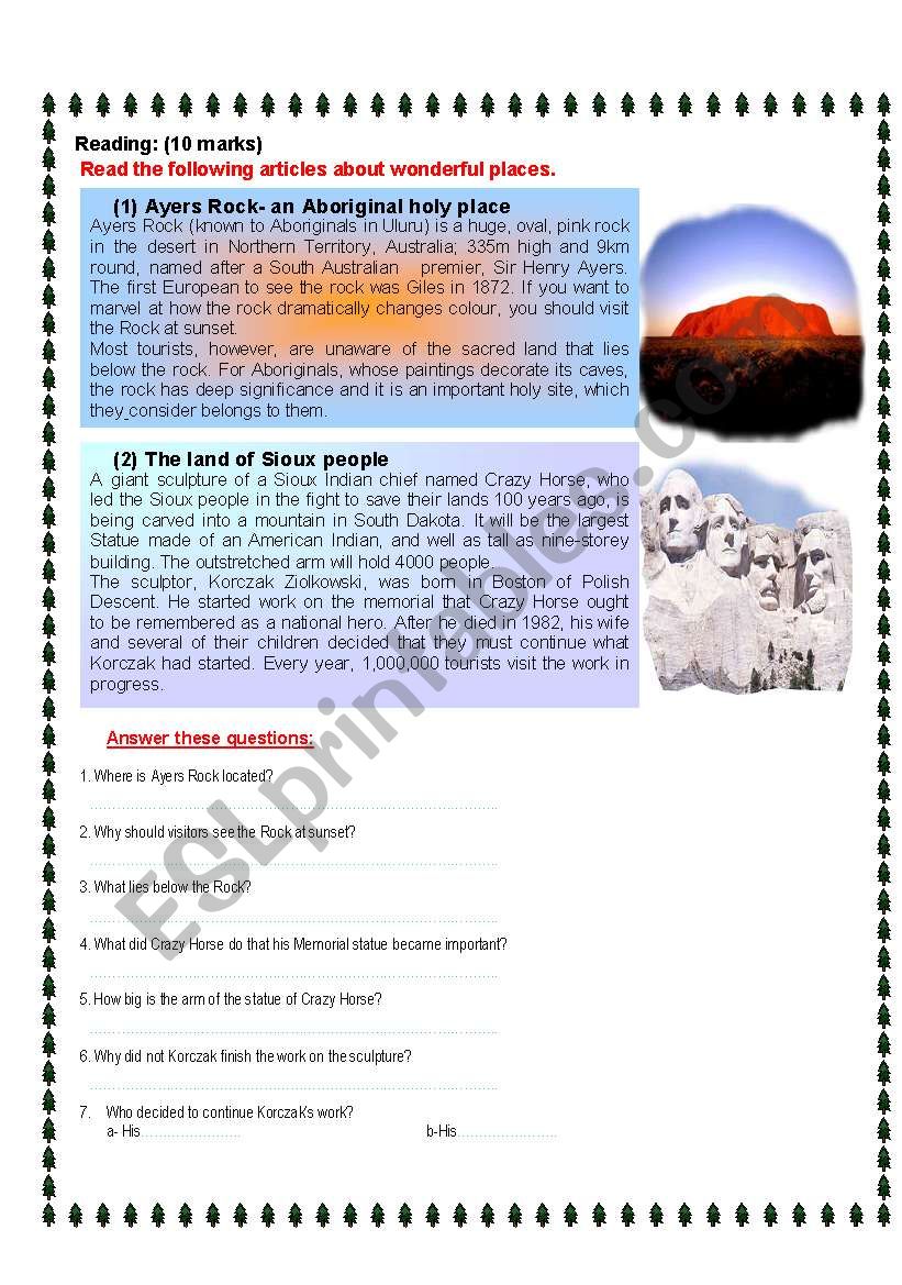 Reading : Wonderful Places worksheet