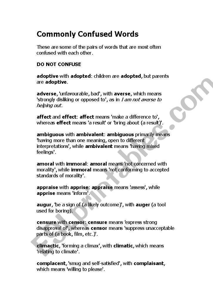 commnly confused words worksheet