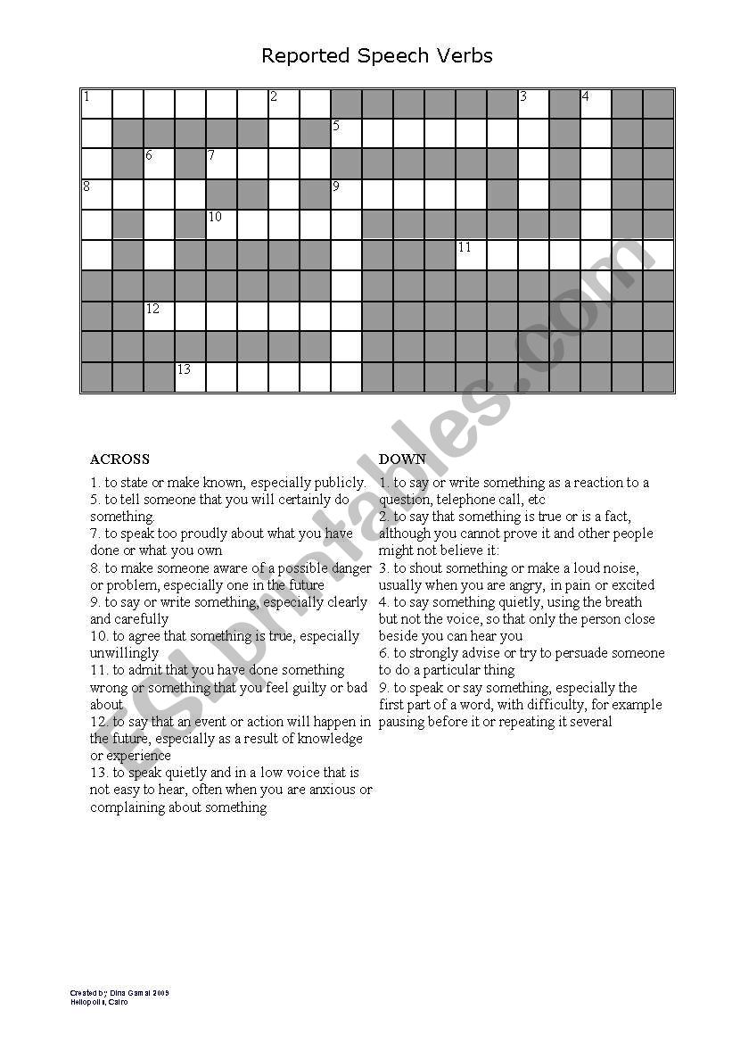 Reported Speech Verb Crossword