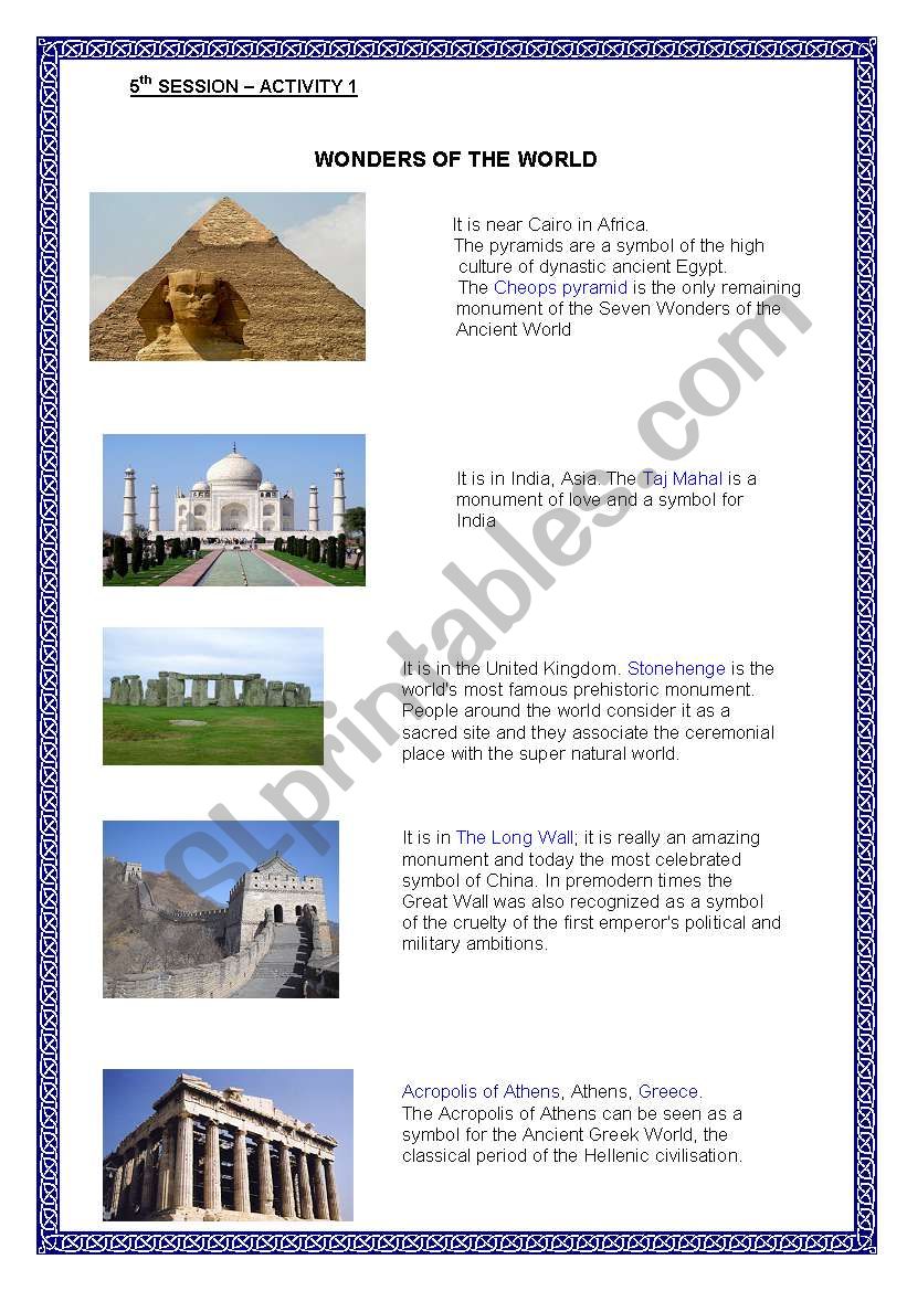 WONDERS OF THE WORLD worksheet