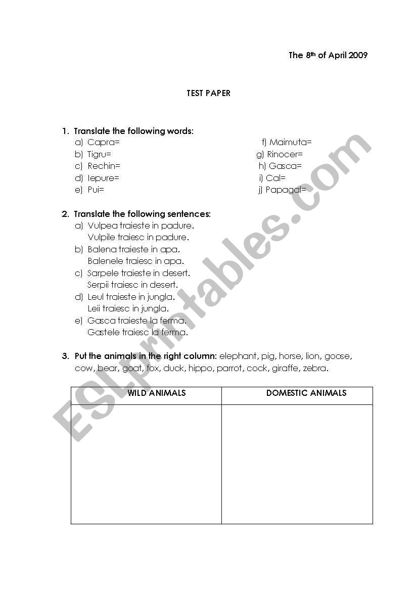 Animals worksheet