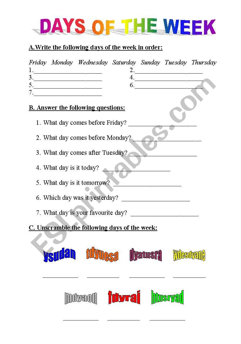 Days of the week worksheet