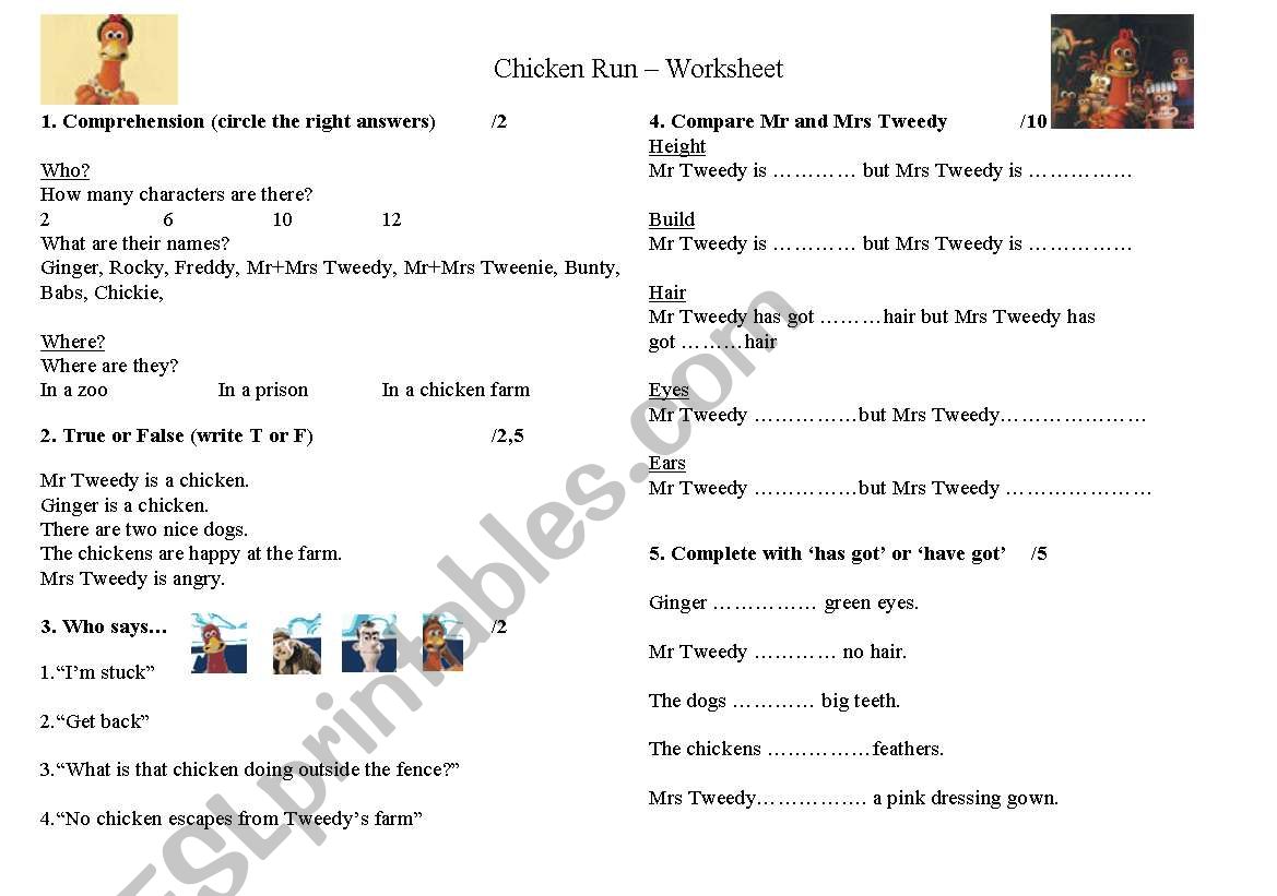 Chicken Run Worksheet worksheet