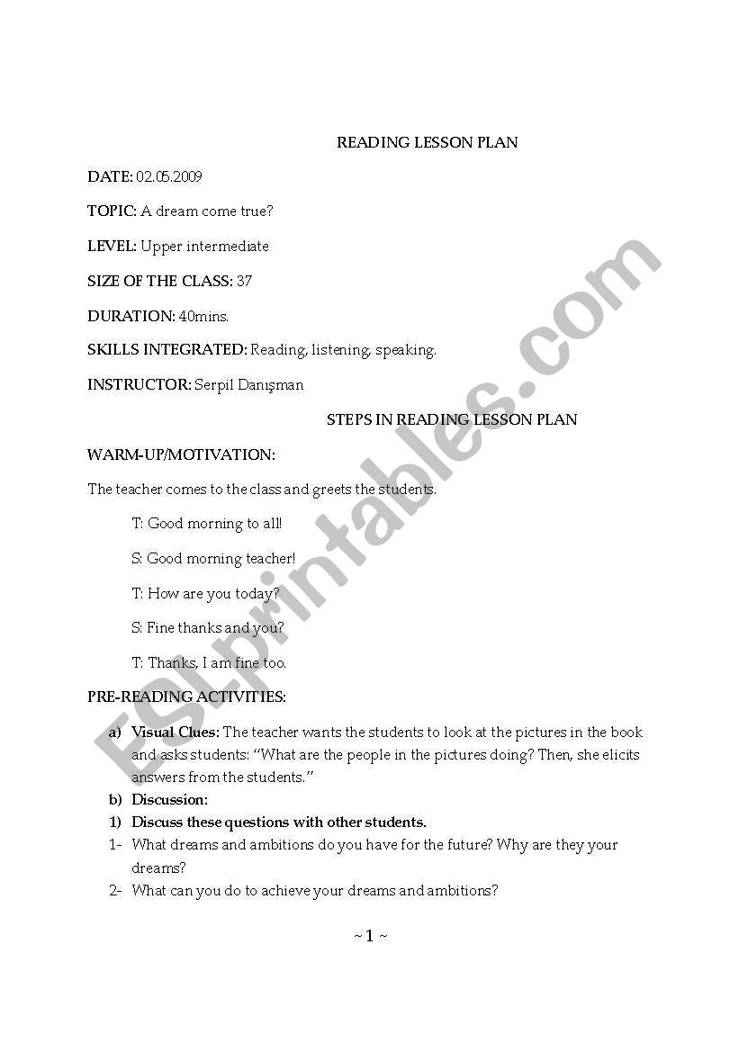 reading lesson plan worksheet