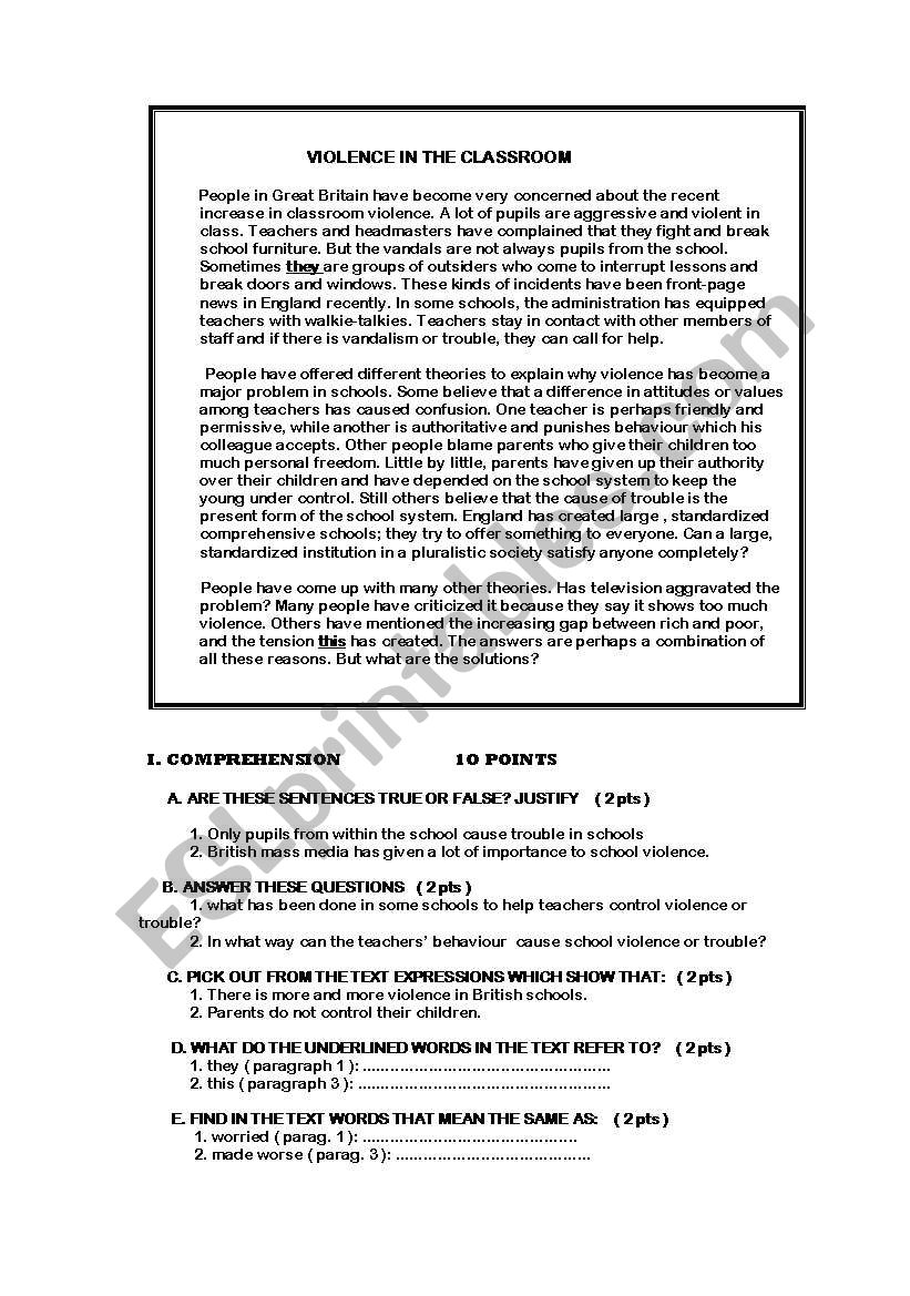 violence in the classroom worksheet