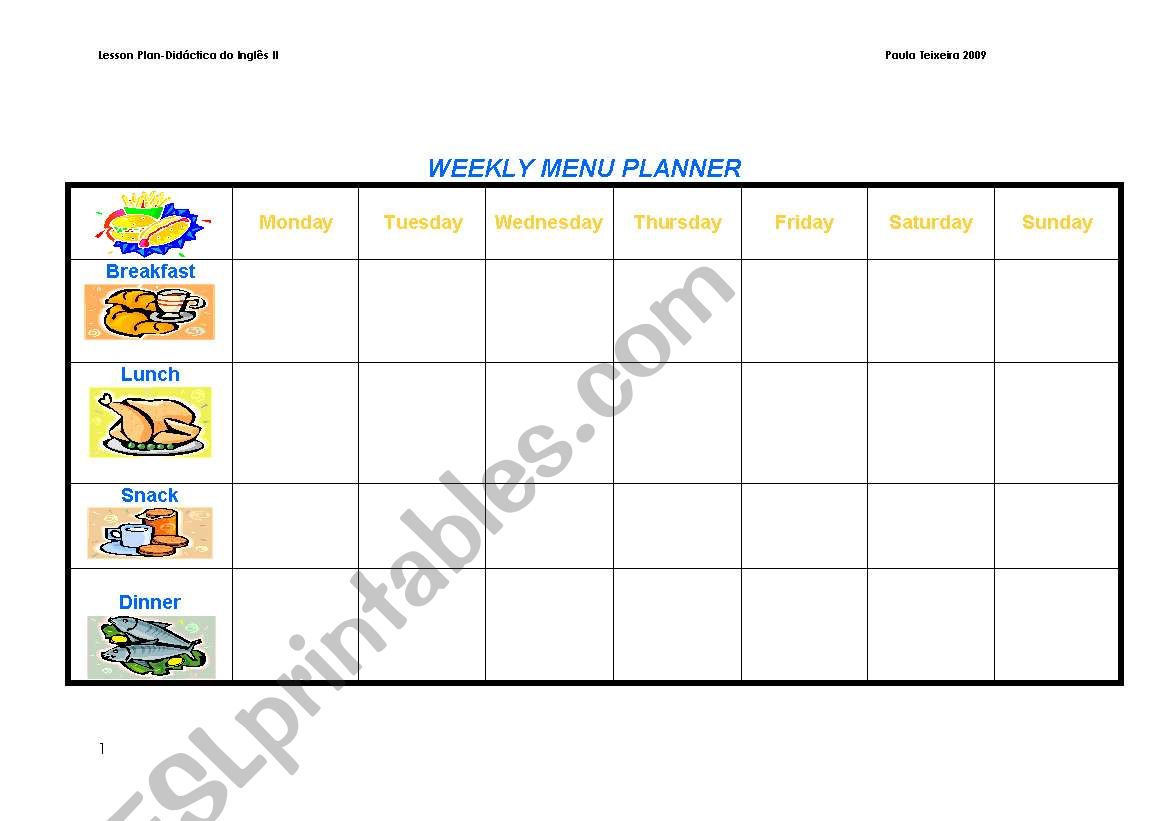weekly menu plan worksheet