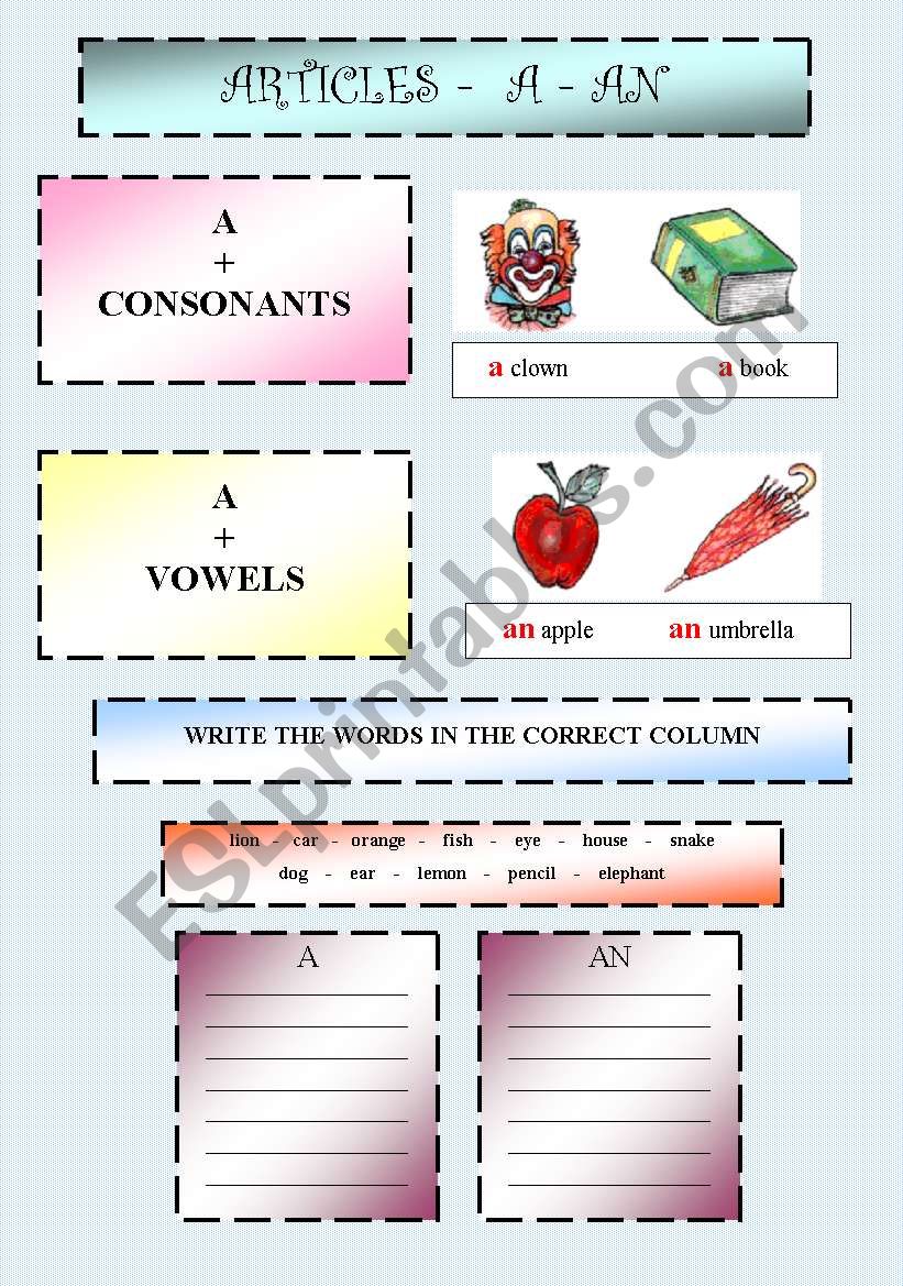 Articles a-an 1/2 worksheet