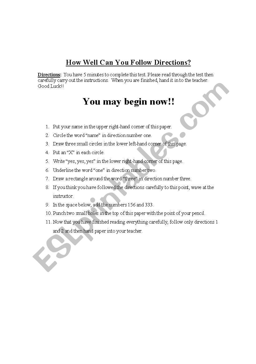 Following Directions worksheet