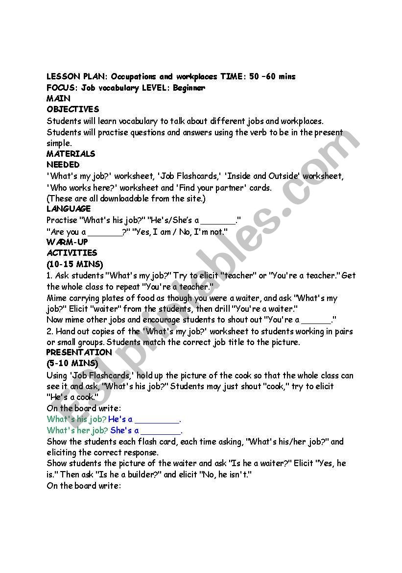 Lesson plan occupations... worksheet