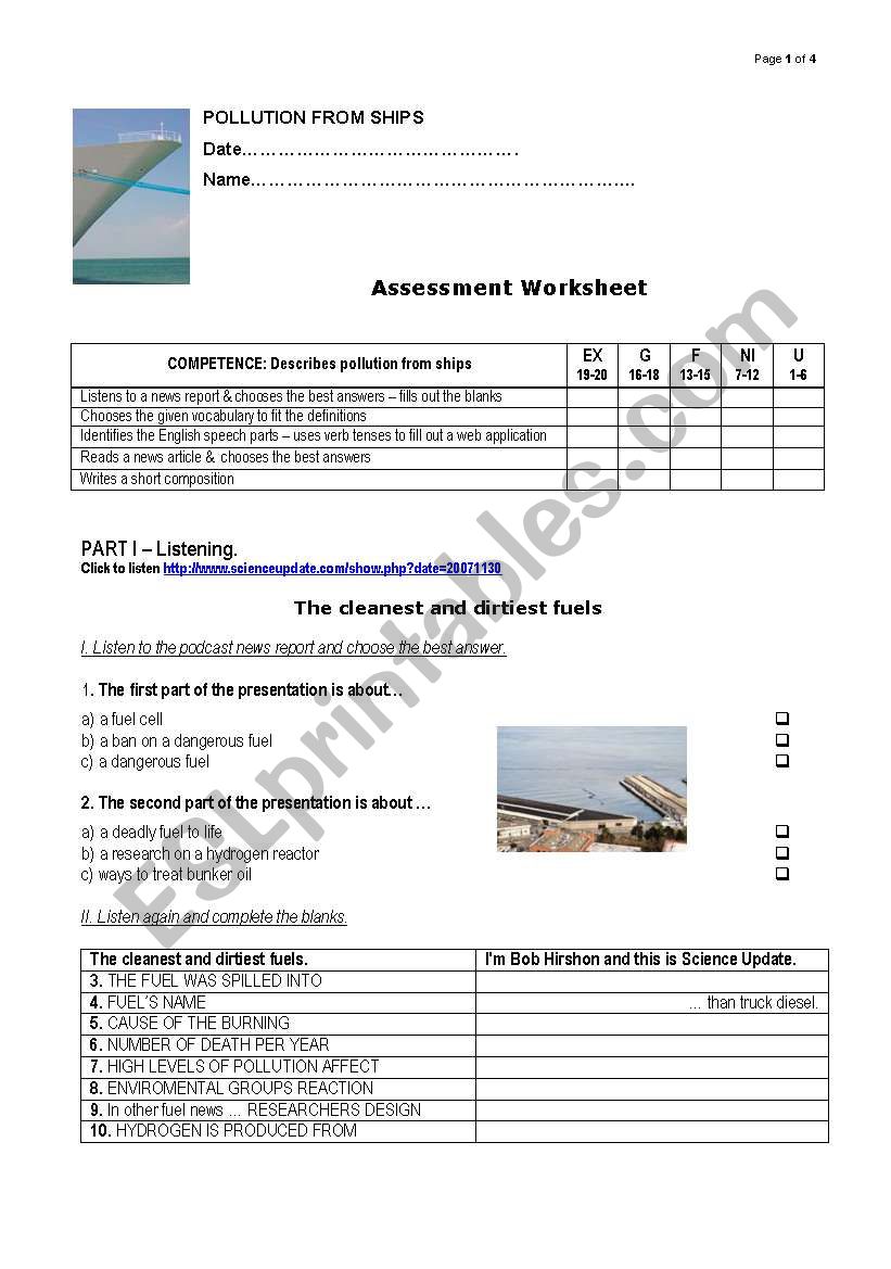 Pollution from ships worksheet
