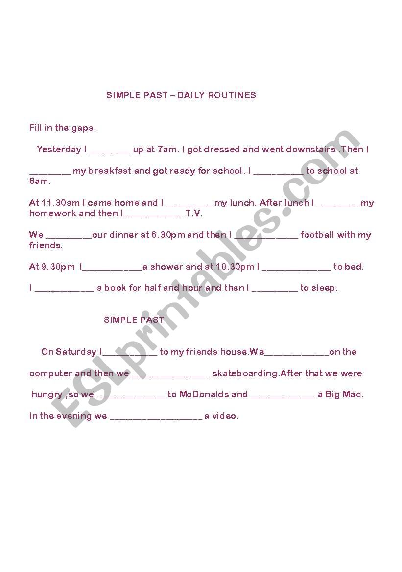Simple Past -Daily Routines Worksheet