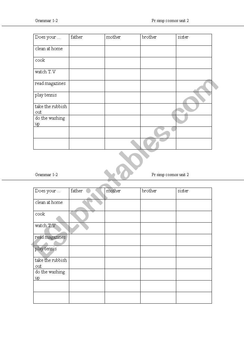 Routines questionnaire worksheet
