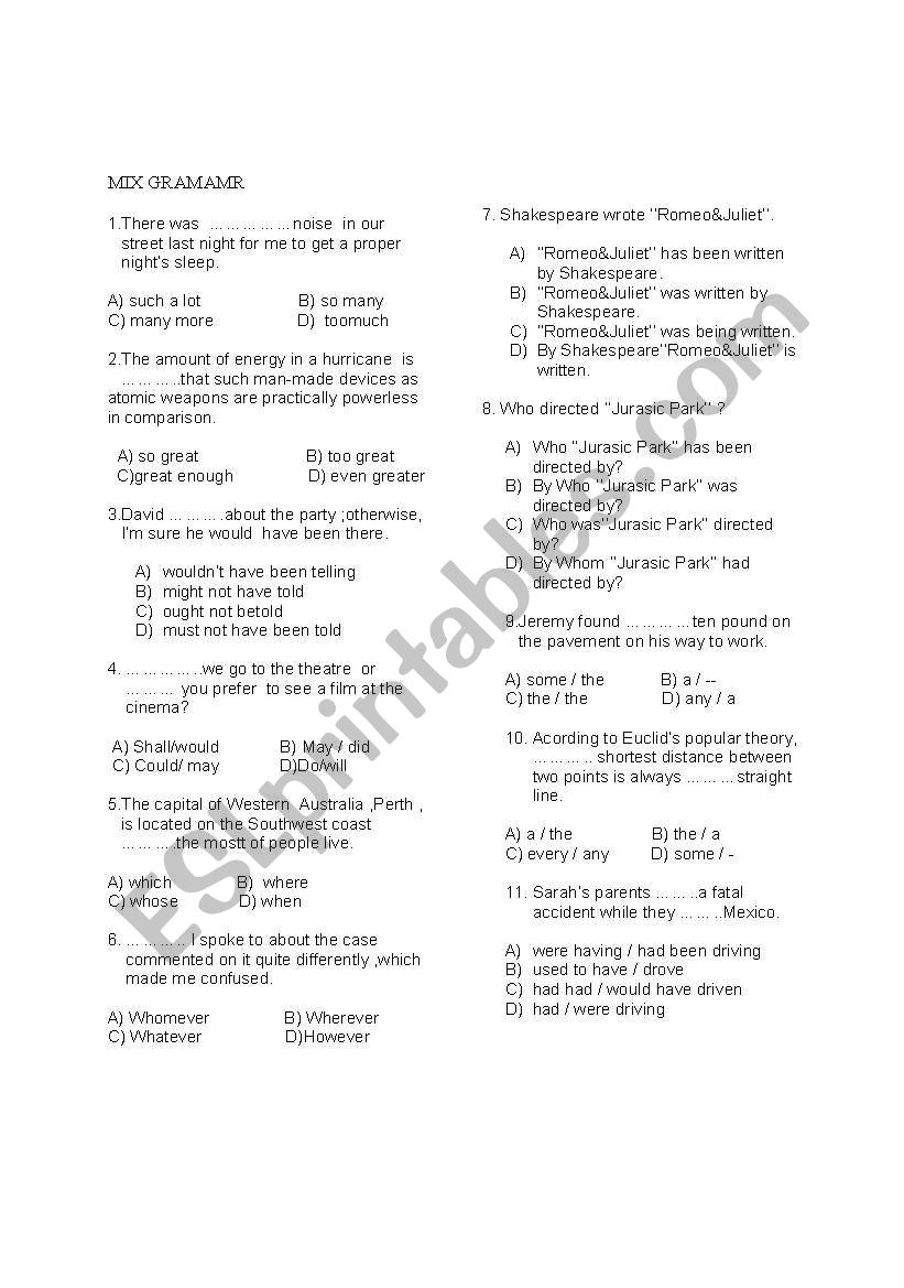 MIX GRAMMAR FOR EVALUATION worksheet