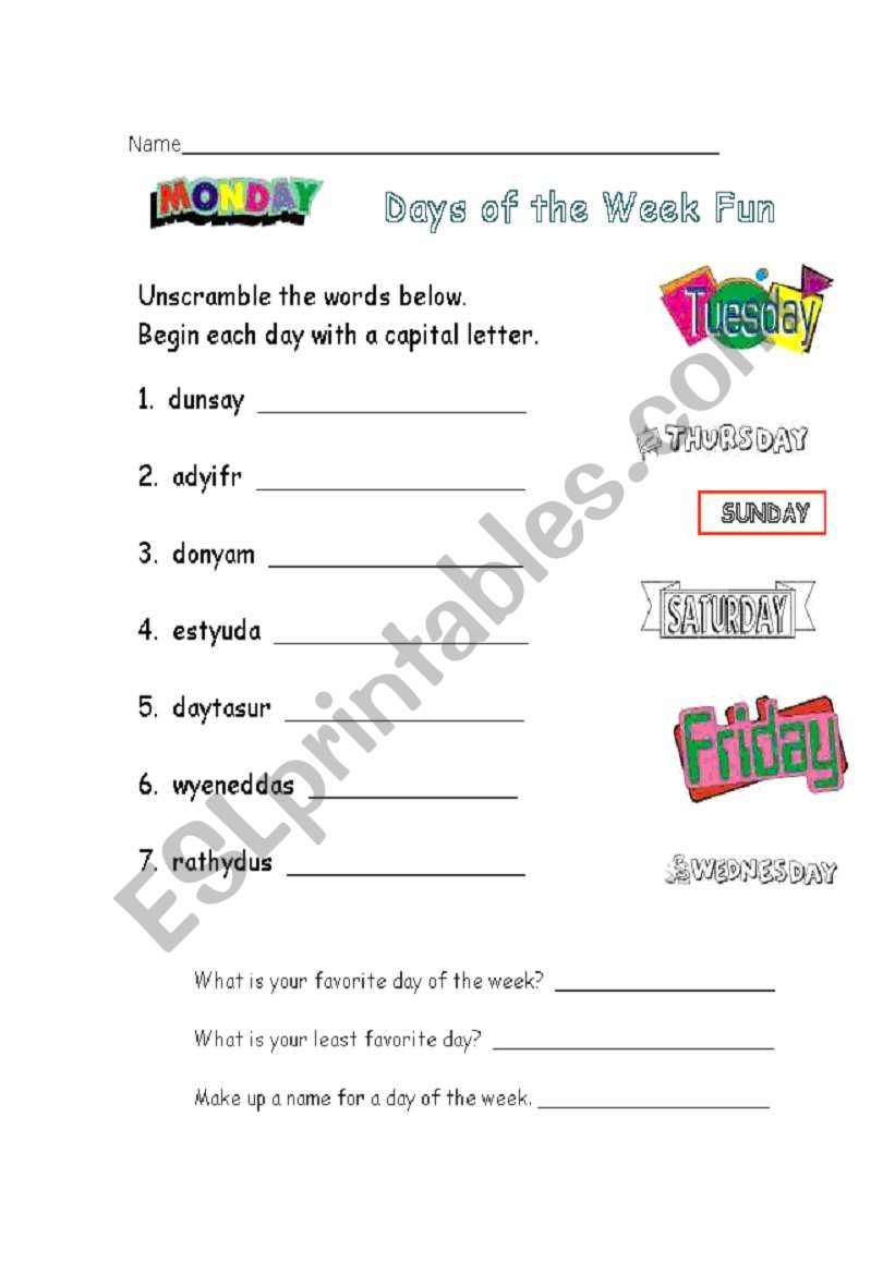 DAYS OF THE WEEK worksheet