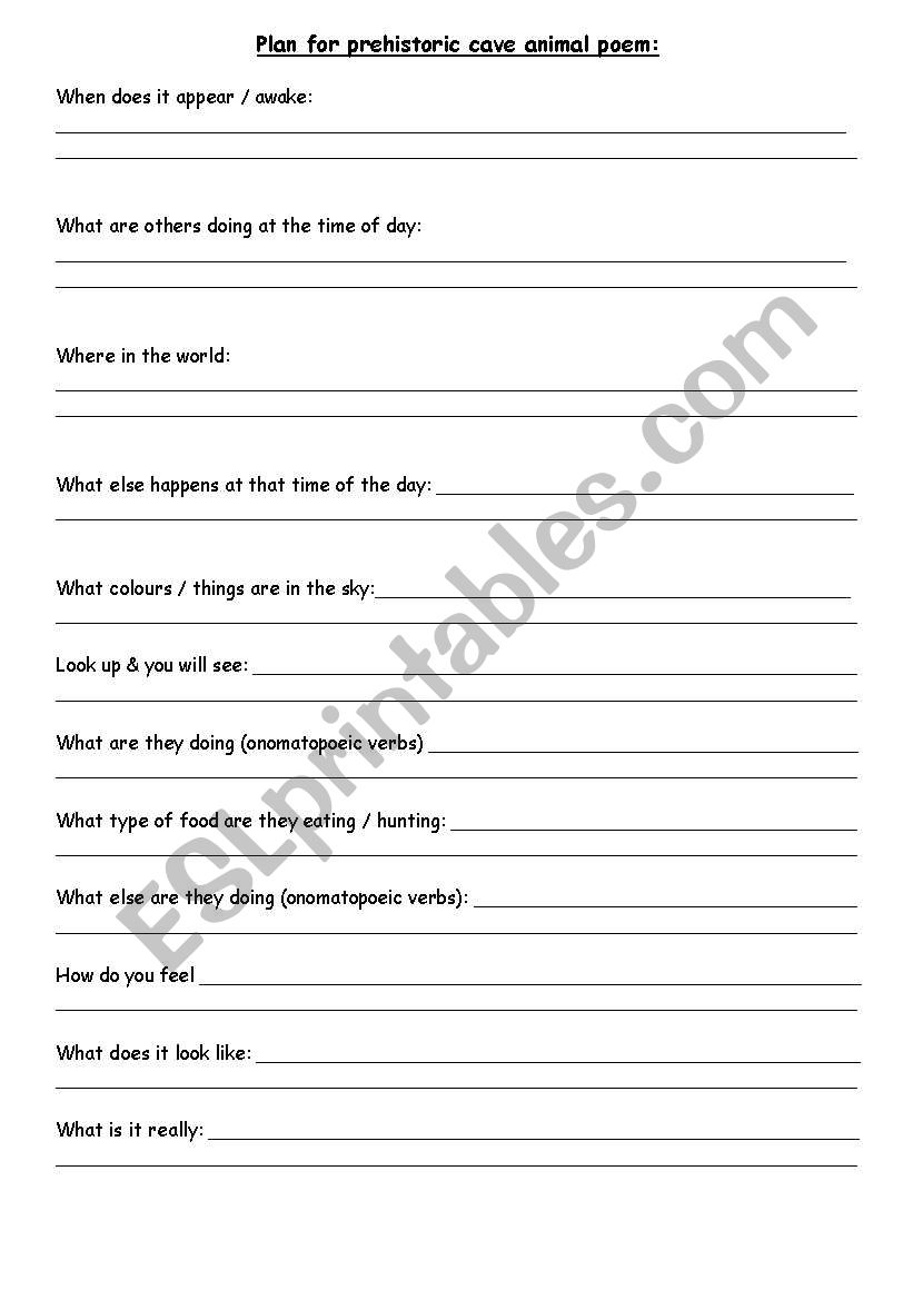 Cave animal poetry plan worksheet