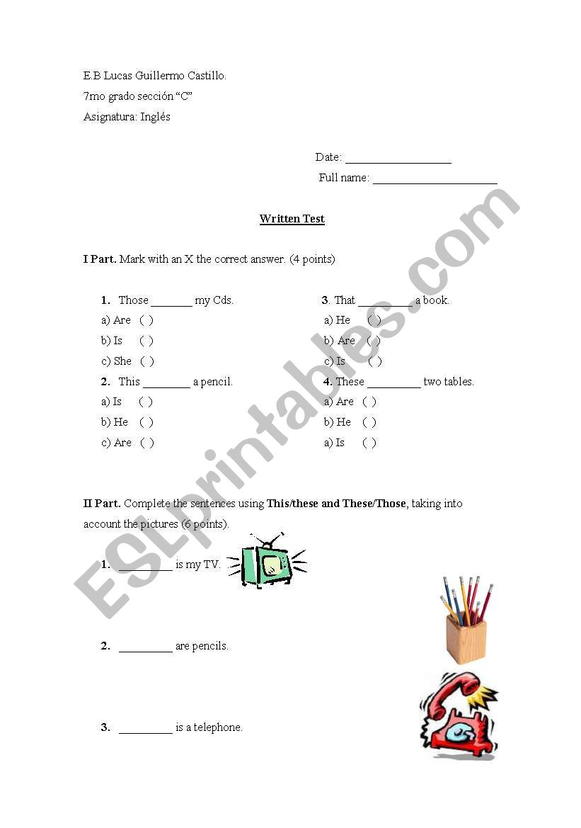 demonstrative pronoun test worksheet