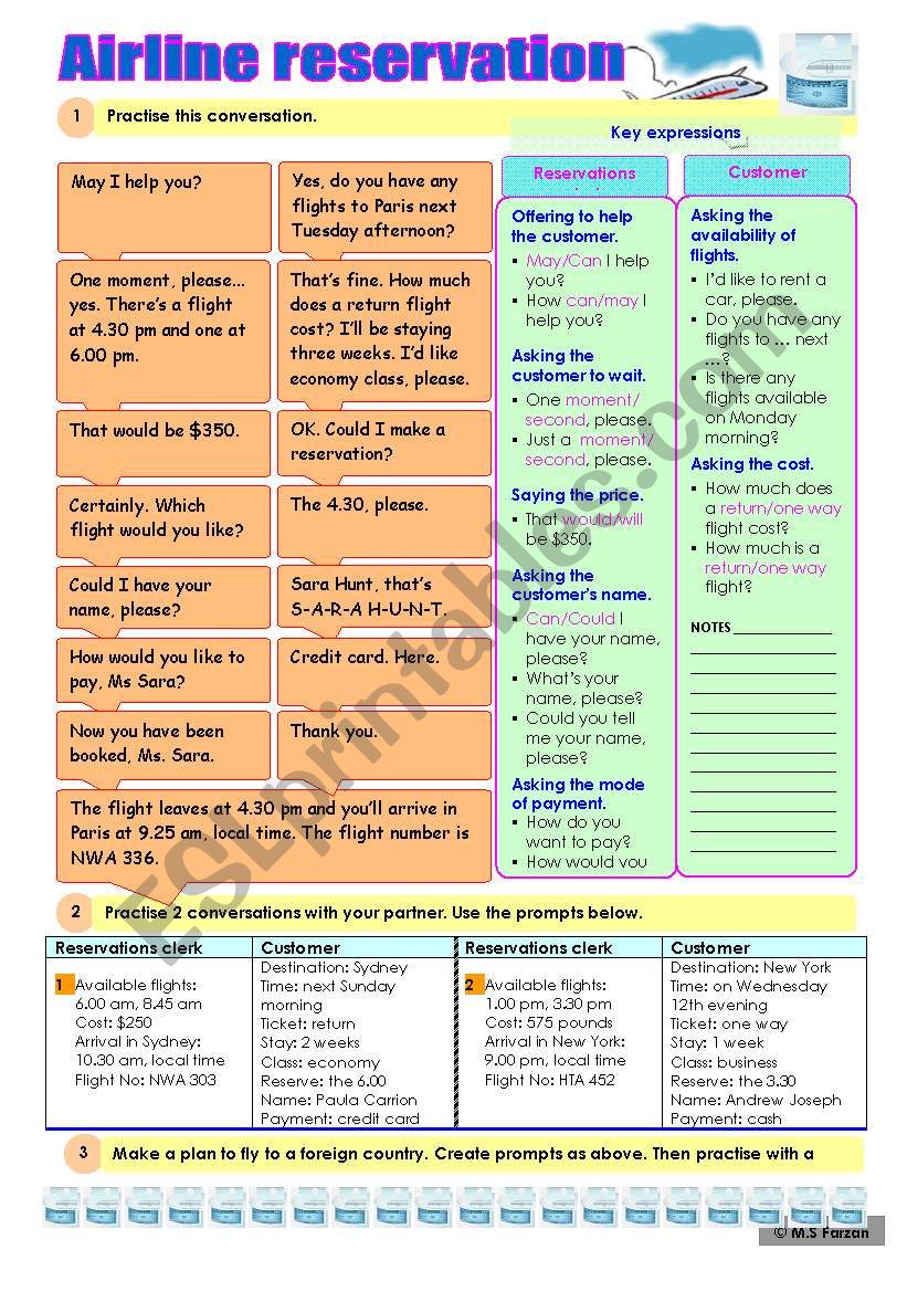 Airline reservation worksheet